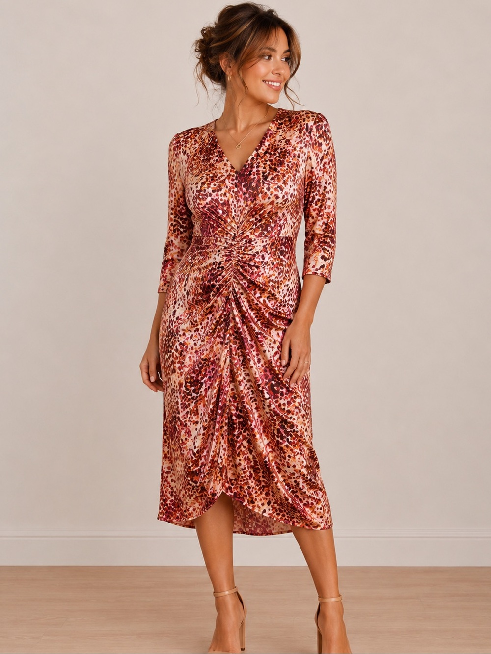 Express Pink and Cream Ruched Animal-Print Midi Dress